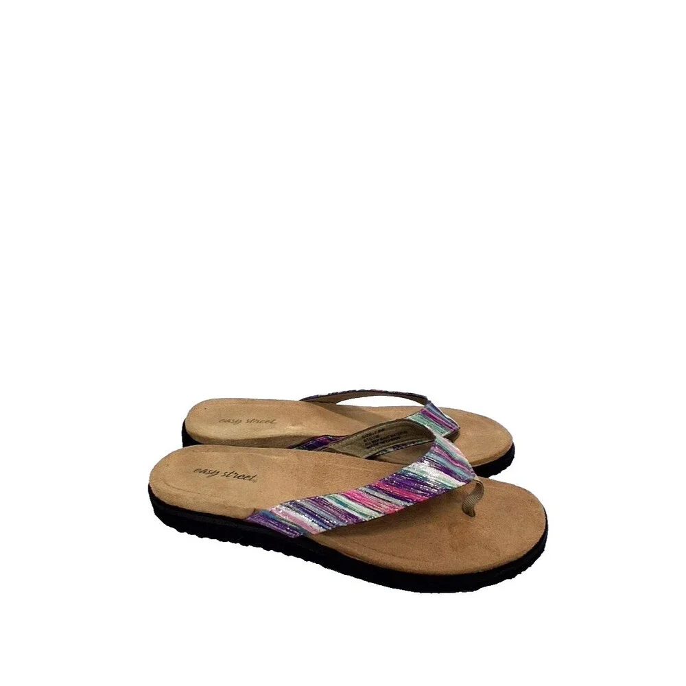 Easy Street Women's Stevie Comfort Multi-Color Metallic Stripes Flip Flops 7.5 W